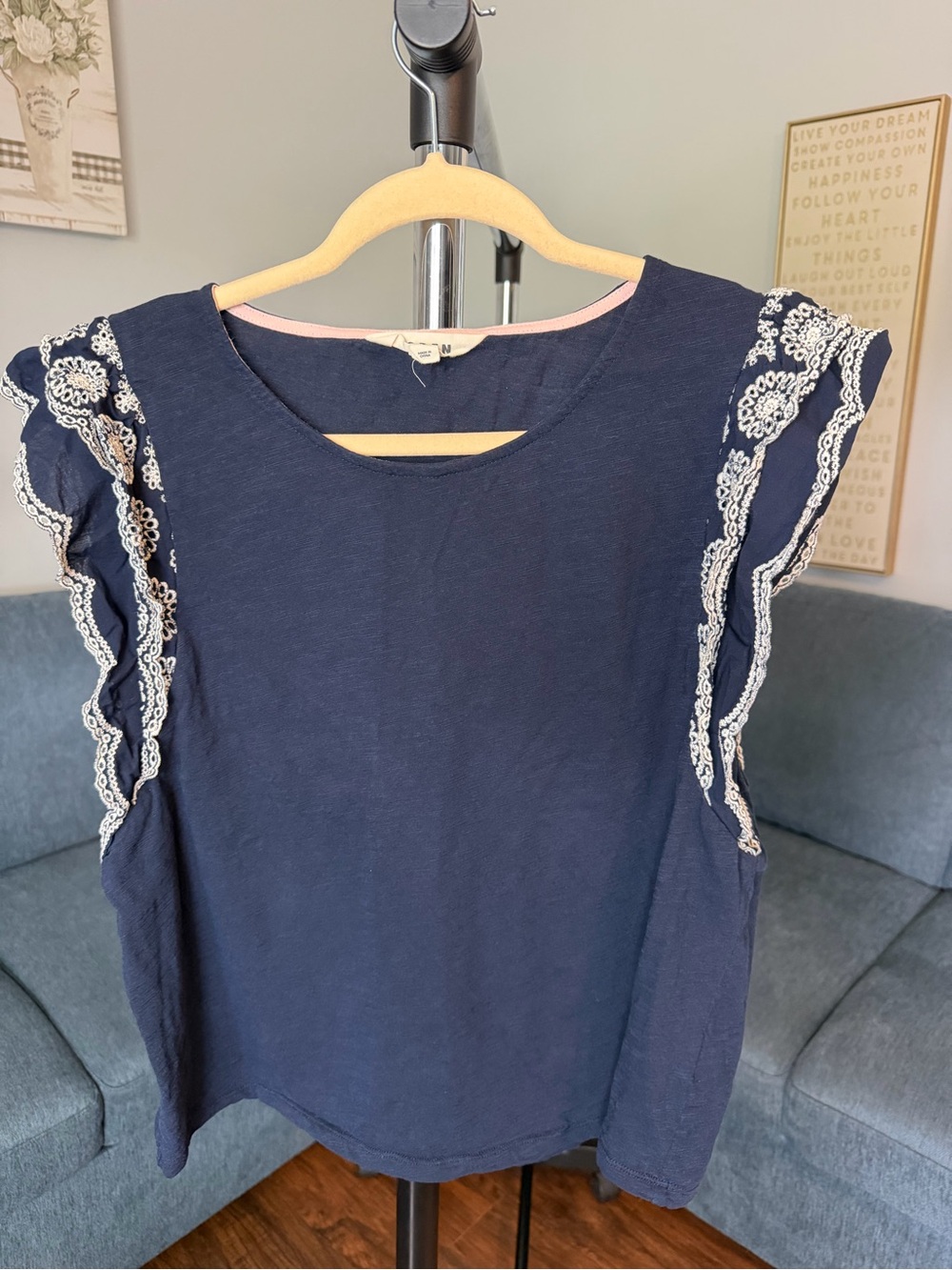 Boden Navy Top with White Lace Ruffle Sleeves